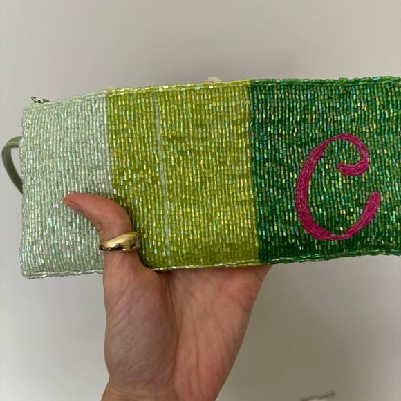 Vintage y2k liz Claiborne beaded green “C” monogram wristlet mini bag purse - Picture 5 of 5